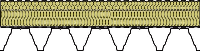 Trapézový profil – parozábrana – dvě vrstvy minerální vaty bez vložených klínů – vnější izolace proti vodě