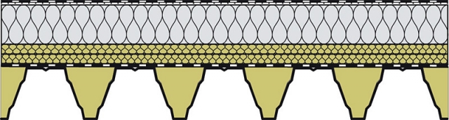 Trapézový profil – vložené klíny – parozábrana – dvě vrstvy minerální vaty – izolační vrstva z EPS – vnější izolace proti vodě