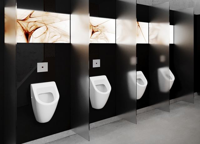 Jednotný koncept interiérového designu a zároveň maximální úroveň hygieny. Ovládací desky pro pisoáry od Viega, řízené pomocí infračervené techniky, jsou perfektně sladěné i pro kombinaci s ovládacími deskami pro toalety. Splachování probíhá zcela bezkontaktně. (foto: Viega)