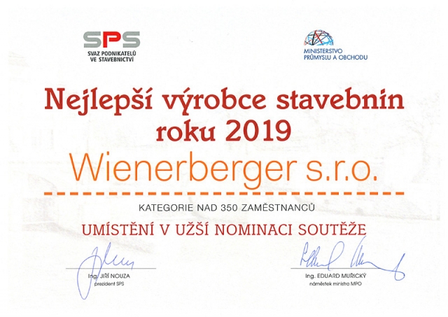 Wienerberger se stal vítězem v soutěži Nejlepší výrobce stavebnin roku 2019