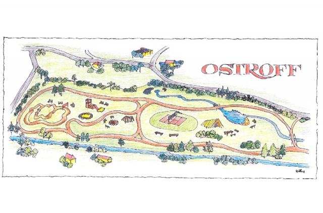 Ilustrační obrázek projektu OSTROFF z počátku projektu, který se realizuje postupně a již i trochu jinak. Cílem není vybudovat atrakci pro turisty, ale obyčejné, příjemné a inspirující místo pro místní obyvatele.
