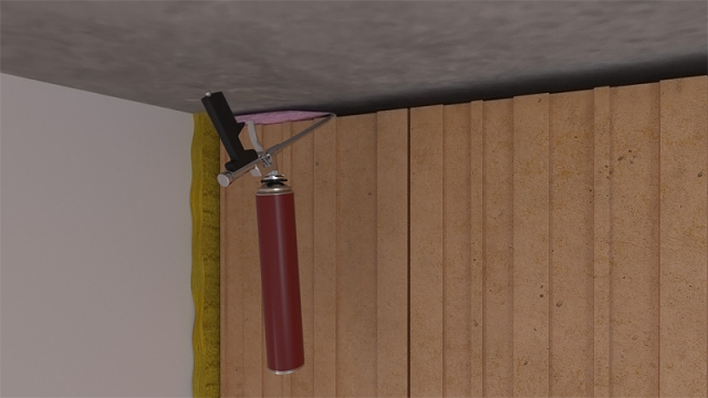 Vyzdění do stropu a vyplnění. Vyzdí se stěna až ke stropu. Mezi stropem a stěnou se ponechá mezera vysoká přibližně 20 mm. Spára mezi stropem a zdivem se vyplní protipožární PU pěnou TYTAN B1 (červeno-černá kartuše). Tloušťka spáry může být max. 20 mm.