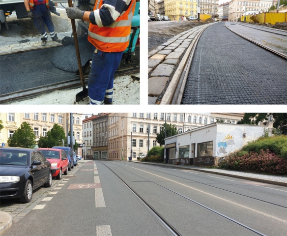Speciální oprava – rehabilitace tramvajových pásů v Moskevské ulici, Praha, září – listopad 2013. ADFORS GlasGrid byl aplikován mezi dvě vrstvy litého asfaltu. Po 7 letech používání je úsek stále bez trhlin (viz spodní fotografie). 