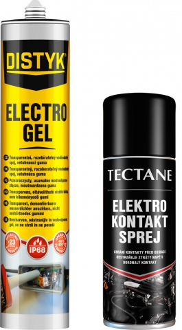 ELECTRO GEL DISTYK v kartuši (vlevo) a Elektro-kontakt sprej Den Braven značky TECTANE