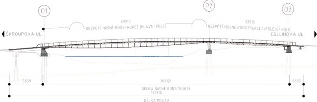 Přehledné výkresy mostu – podélný řez, vzorový příčný řez