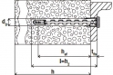 Schéma upevnění: d0 = průměr vrtání = 10 mm, l = délka kotvy = 90 mm, hef = účinná kotevní hloubka = 70 mm, tfix = užitná délka = max. 10 mm